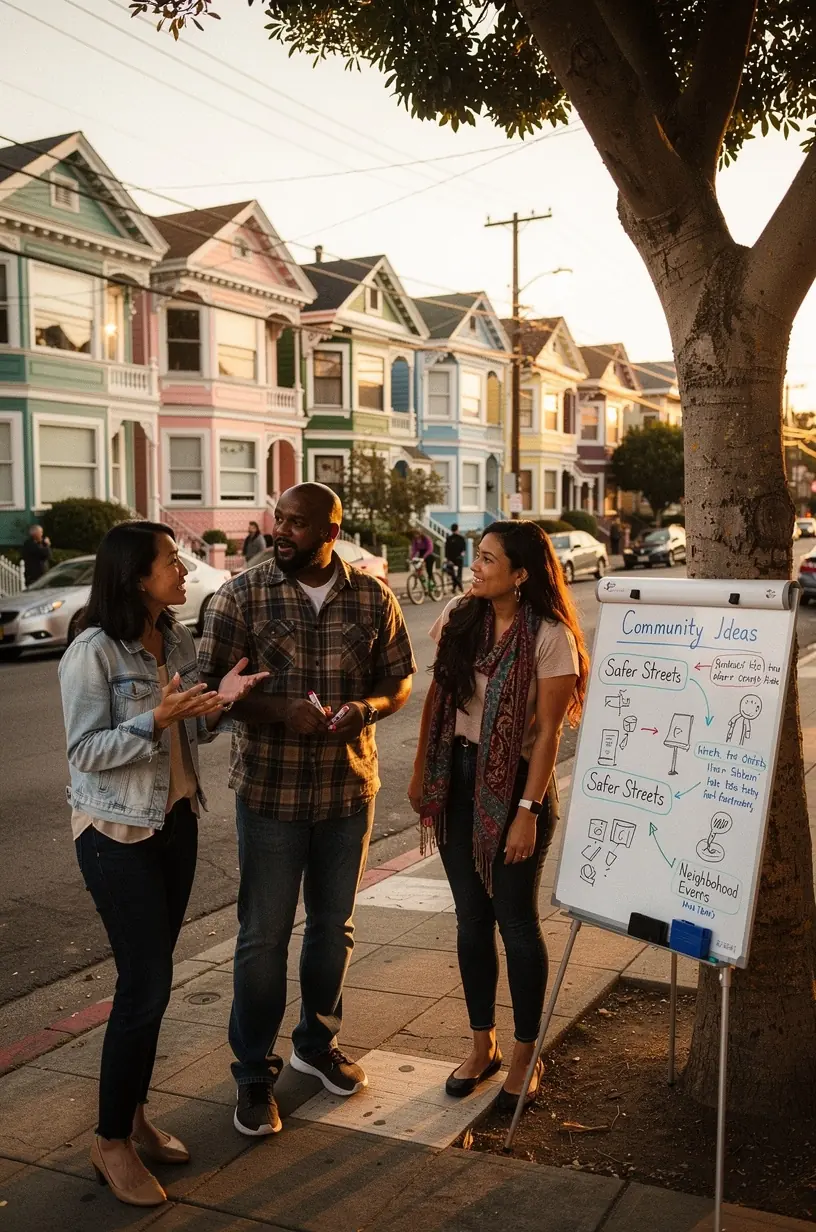 Community members discussing solutions during a local neighborhood meeting in California